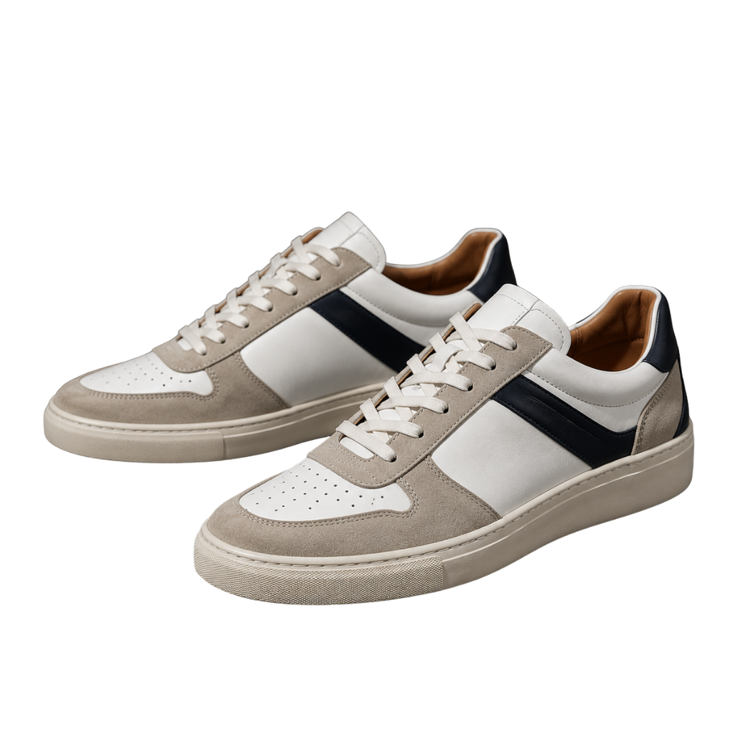 Premium Leather & Suede Low-Top Trainers – White & Taupe | GINBENTLIN