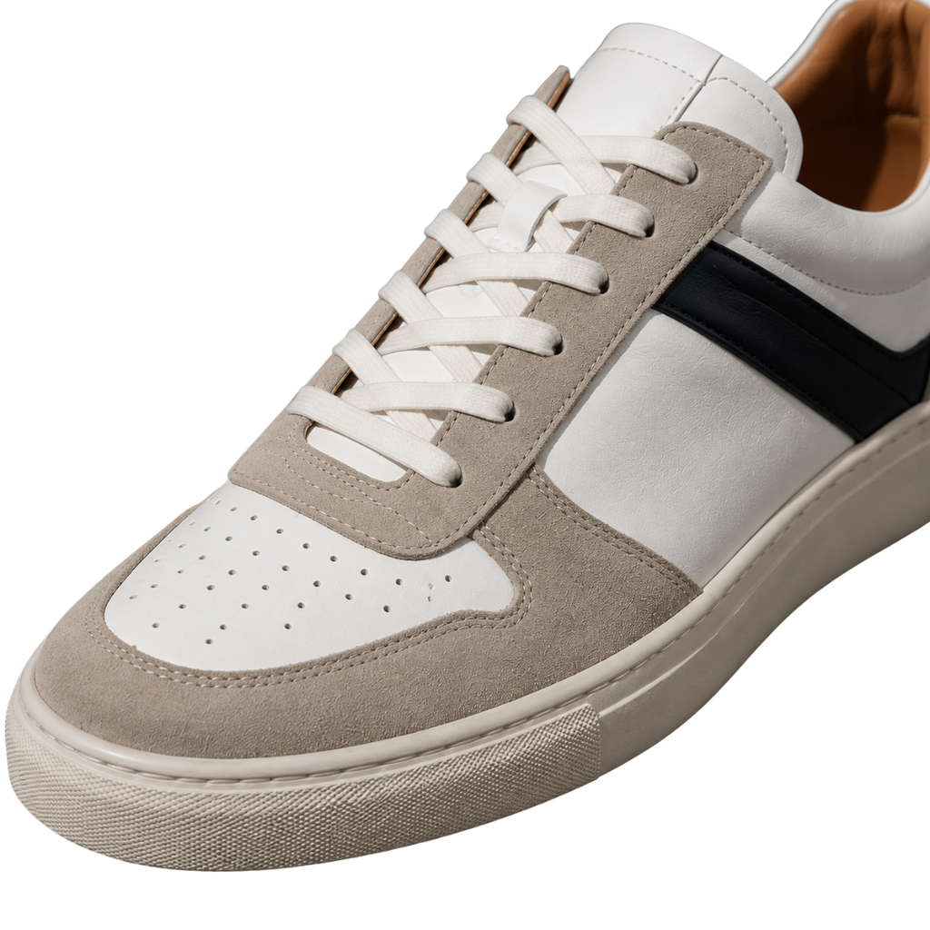 Premium Leather & Suede Low-Top Trainers – White & Taupe | GINBENTLIN
